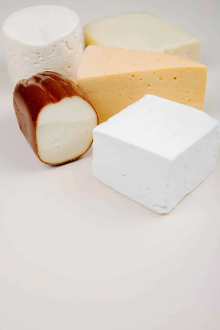 side view of different kind of cheese on white background