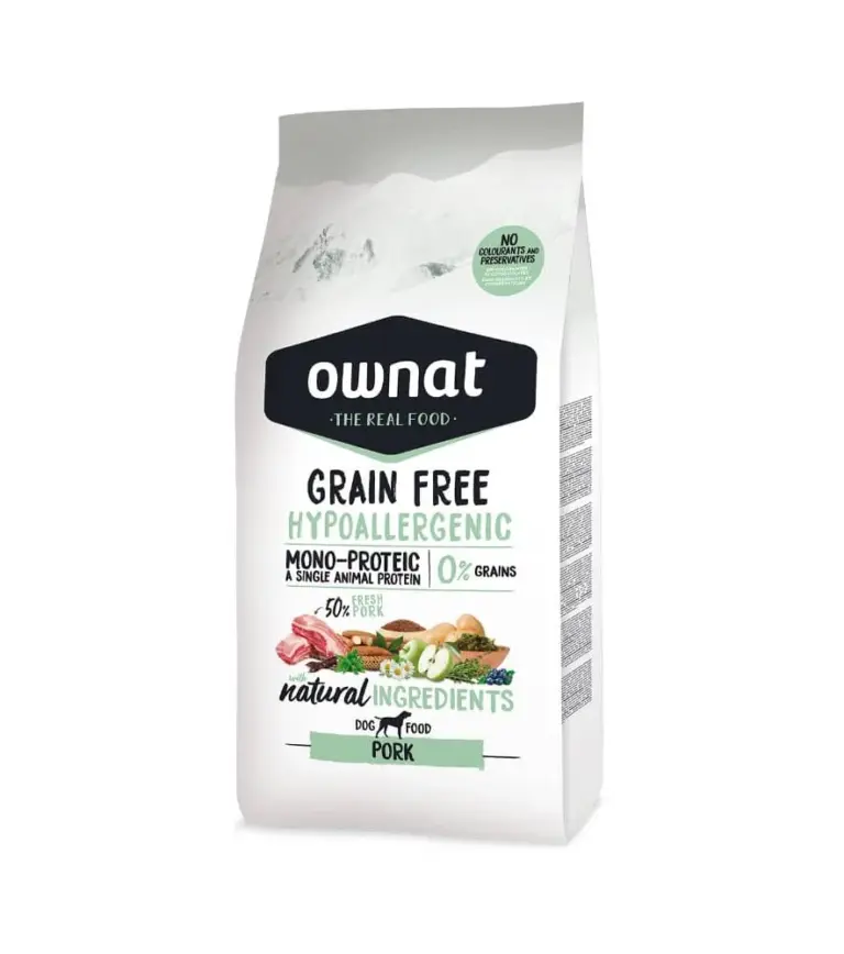 Ownat prime sans céréales hypoallergénique porc chien 12kg