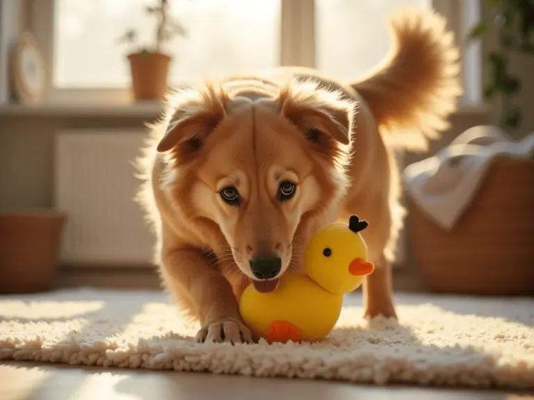 chien-heureux-jouant-avec-jouet-plush-texte-vintage