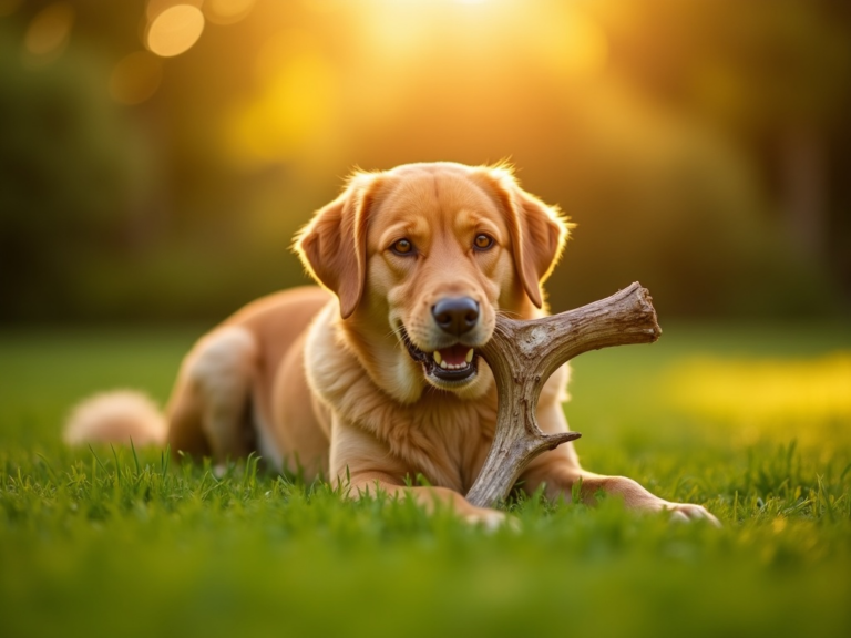 golden-hour-dog-chewing-antler