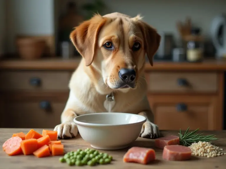 medium-sized-dog-curious-expression-bowl-raw-ingredients