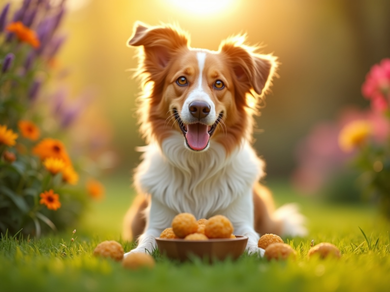 medium-sized-happy-dog-in-spring-garden-with-croquettes