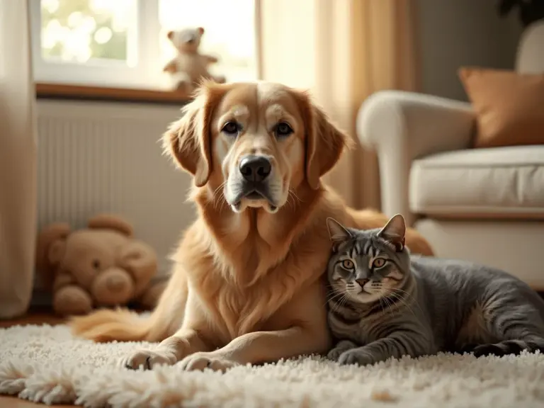 retriever-cat-companionship-sunlit-living-room
