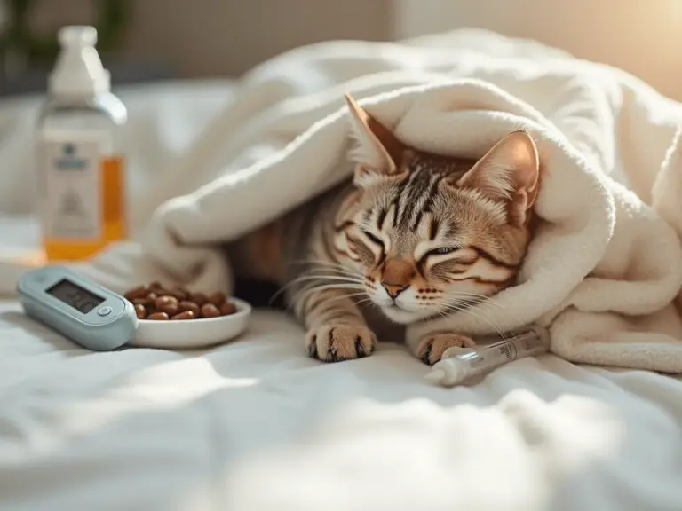 sick-cat-on-cozy-bed-with-care-items