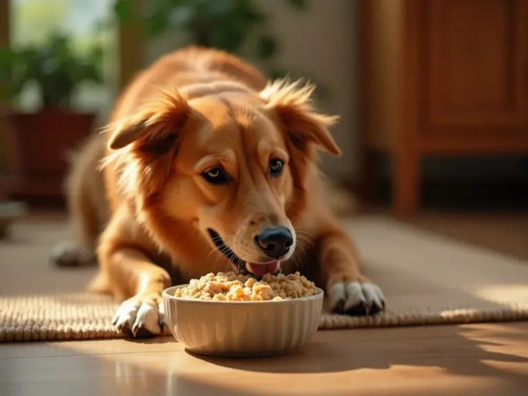 chien-en-pleine-repas-bol-ceramique-pate-poulet