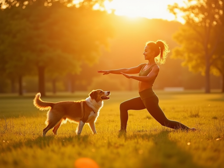 golden-hour-dog-owner-stretching