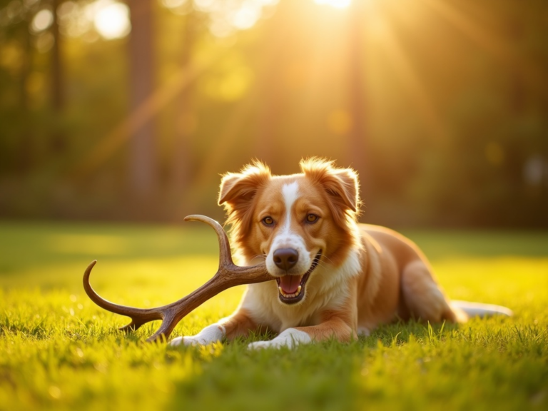 golden-hour-happy-dog-chewing-antler