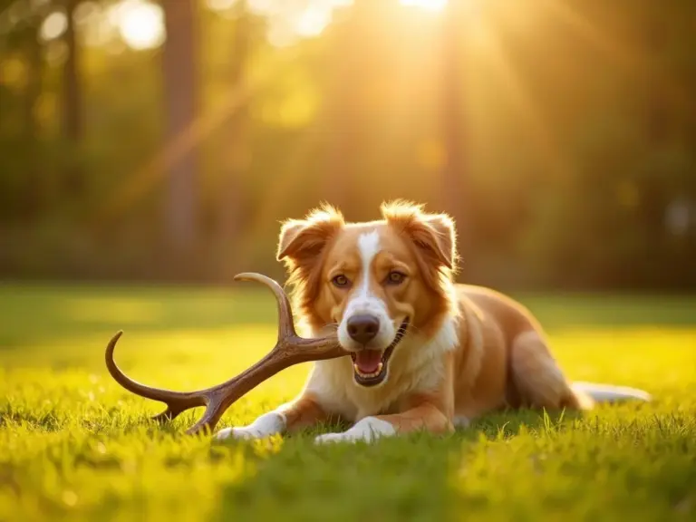 golden-hour-happy-dog-chewing-antler