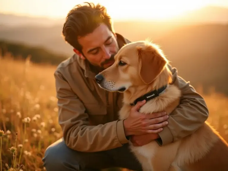 golden-hour-man-dog-embrace-weenect-tracker