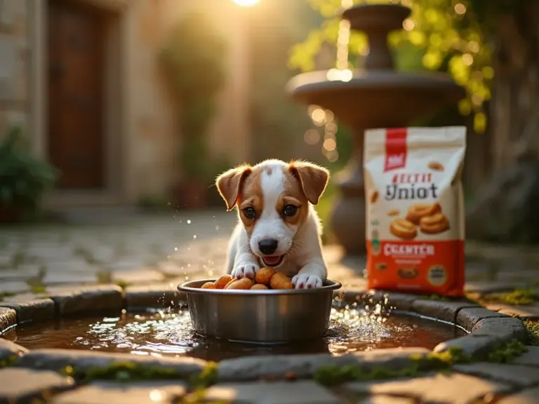 golden-hour-puppy-eating-croquettes-village-square