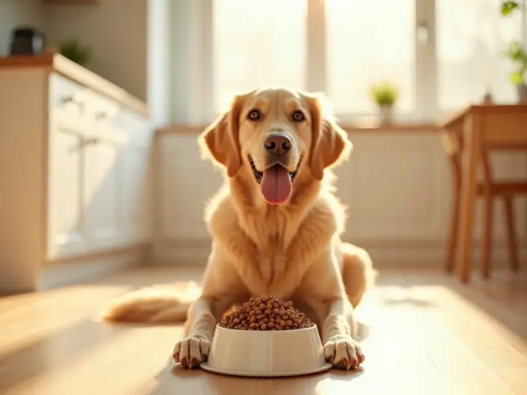 golden-retriever-dog-bowl-kitchen-sunlight