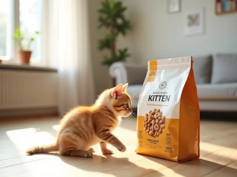 jeune-chaton-tabby-sniffant-croquettes-mastery