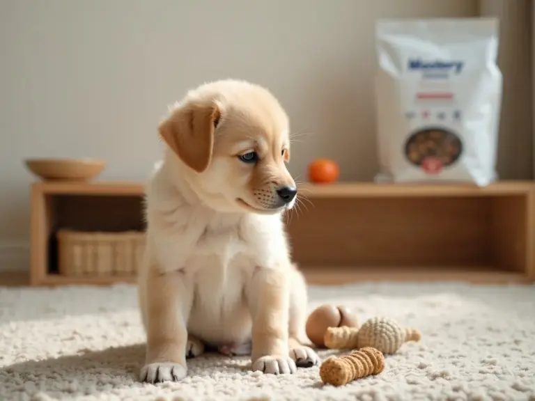 jeune-chien-sain-sur-tapis-texteru-beige