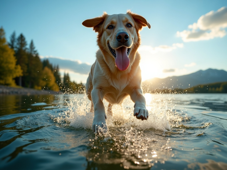 labrador-retriever-leap-lake-golden-hour