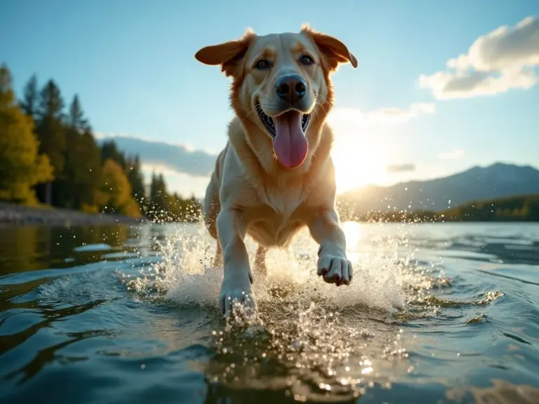 labrador-retriever-leap-lake-golden-hour