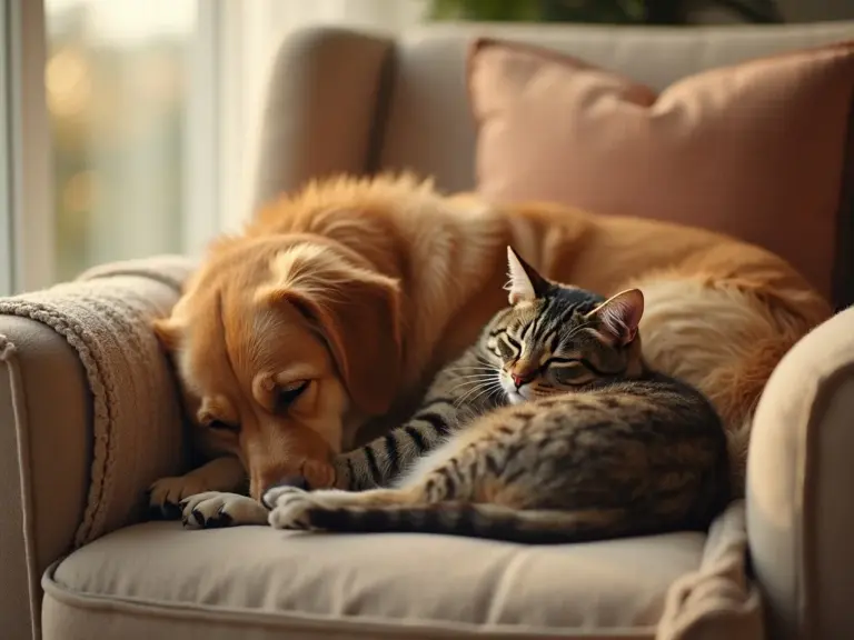 retriever-tabby-cat-cozy-armchair