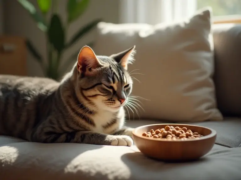 chat-detendu-coussin-nourriture-saine