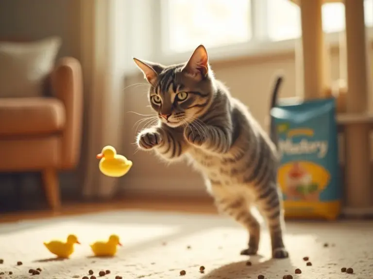 chat-dynamique-sautant-jouet-canard-jaune