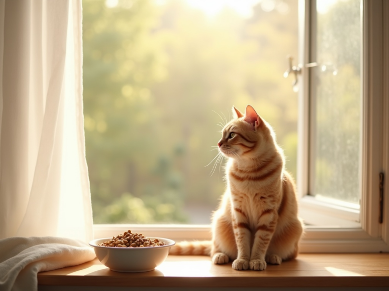 chat-europeen-tabby-senior-fenetre-sunlight-nourriture