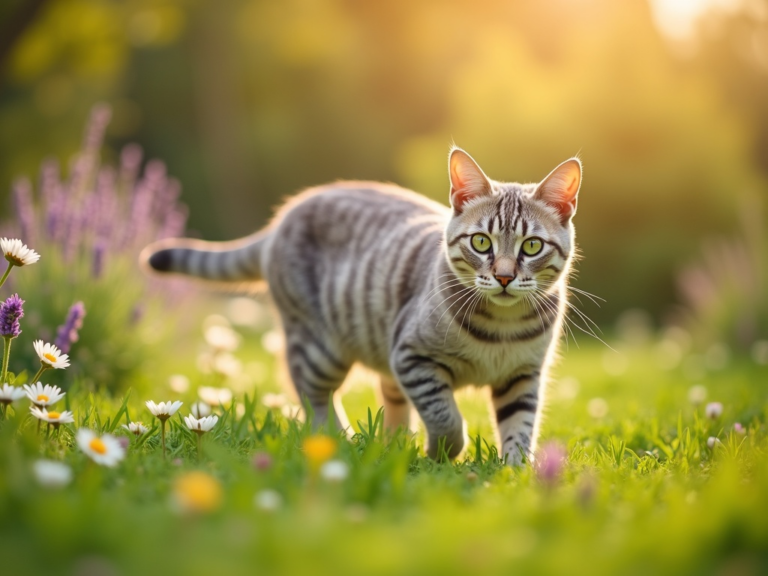 chat-gris-jardin-printanier