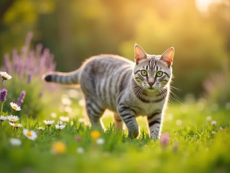 chat-gris-jardin-printanier