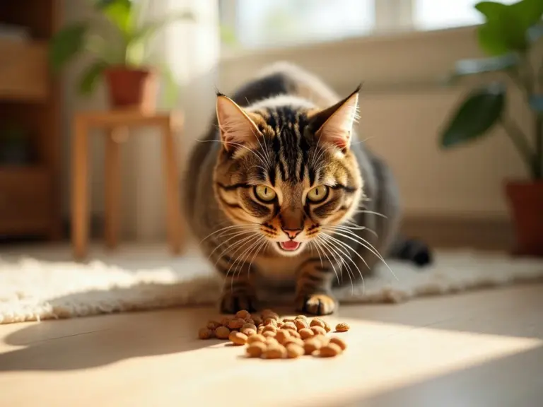 chat-tabby-jouant-kibble-plat-soleil