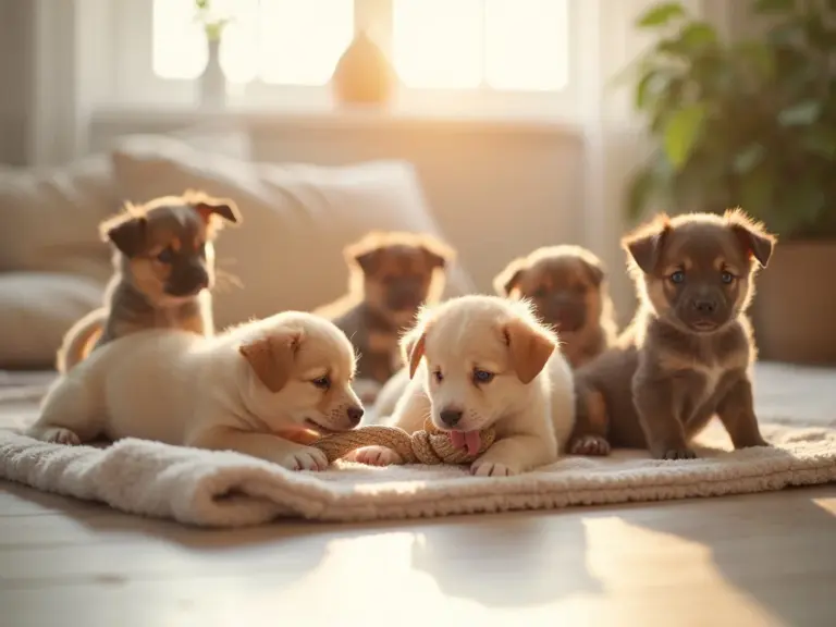 cinq-puppies-jouant-dans-un-interieur-accueillant