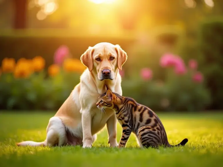 golden-hour-garden-labrador-bengal-cat