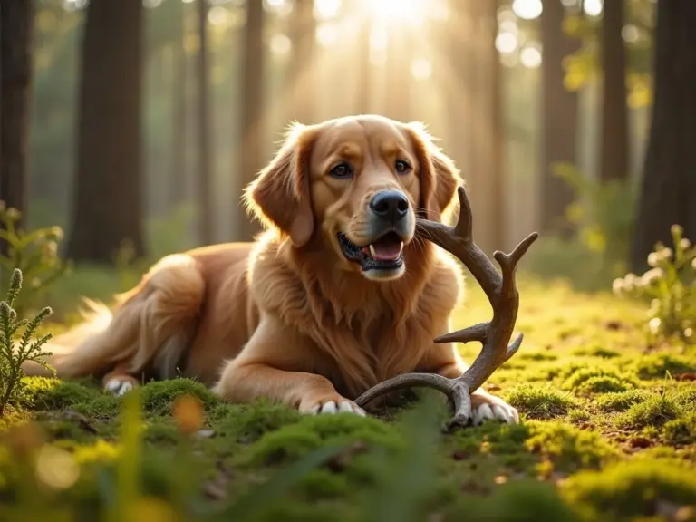 golden-retriever-antler-woodland