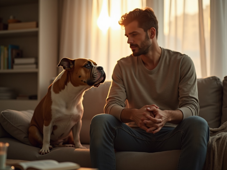 homme-bulldog-inquiet-salon-chaleureux