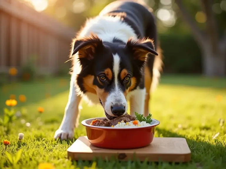joyful-dog-eating-lamb-rice-sunlit-garden