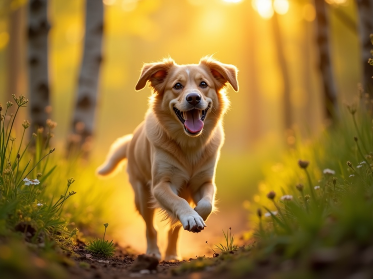 joyful-dog-in-sunlit-forest