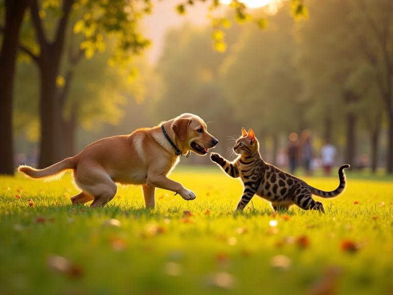 labrador-bengal-interaction-golden-hour-park