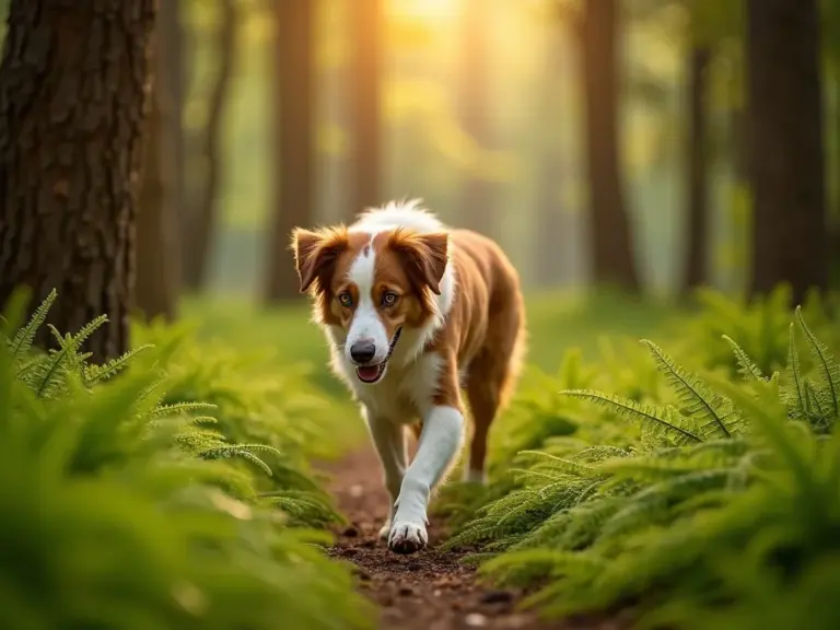 medium-sized-dog-exploring-forest-morning-light
