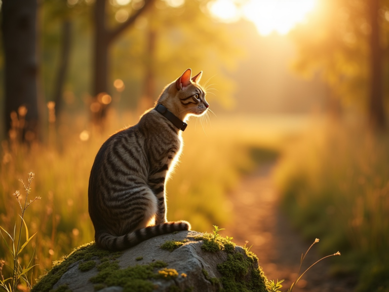 tabby-cat-golden-hour-forest-gps-collar
