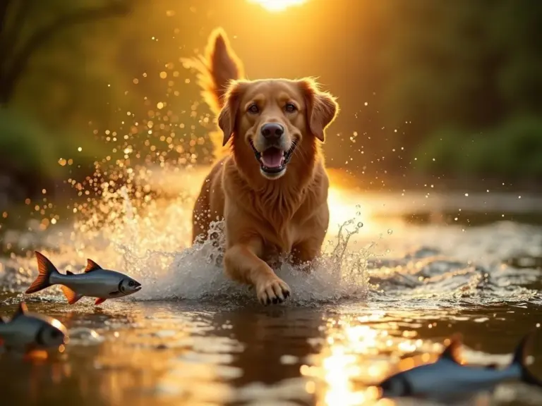 golden-retriever-swimming-fish-river-golden-hour