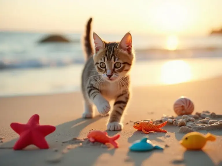 jeune-chat-domestique-plage-sable-jouant-heure-doree