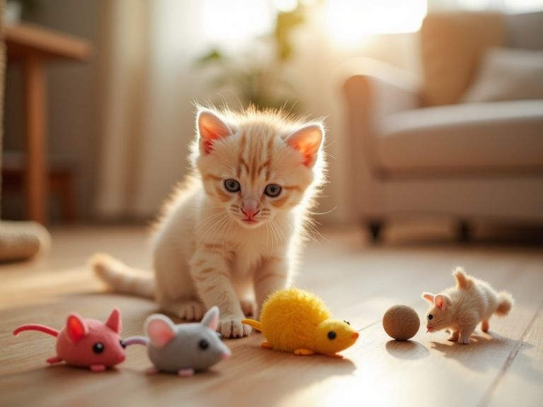mignon-kitten-jouant-avec-jouets-colores