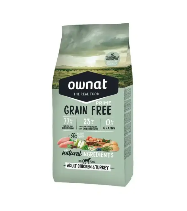Ownat prime sans céréales adulte poulet et dinde chien 12kg