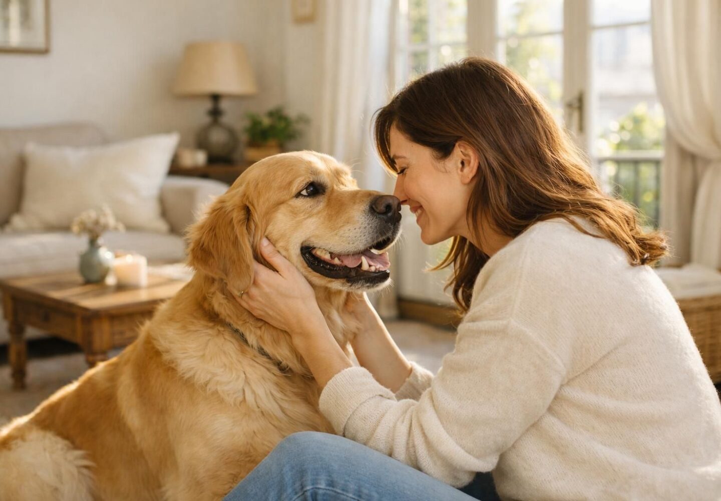 Moment de complicité entre un chien et son maître à la maison