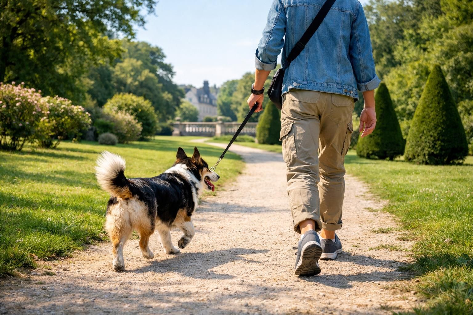 Promenade d'un chien dans un parc, activité physique et bien-être