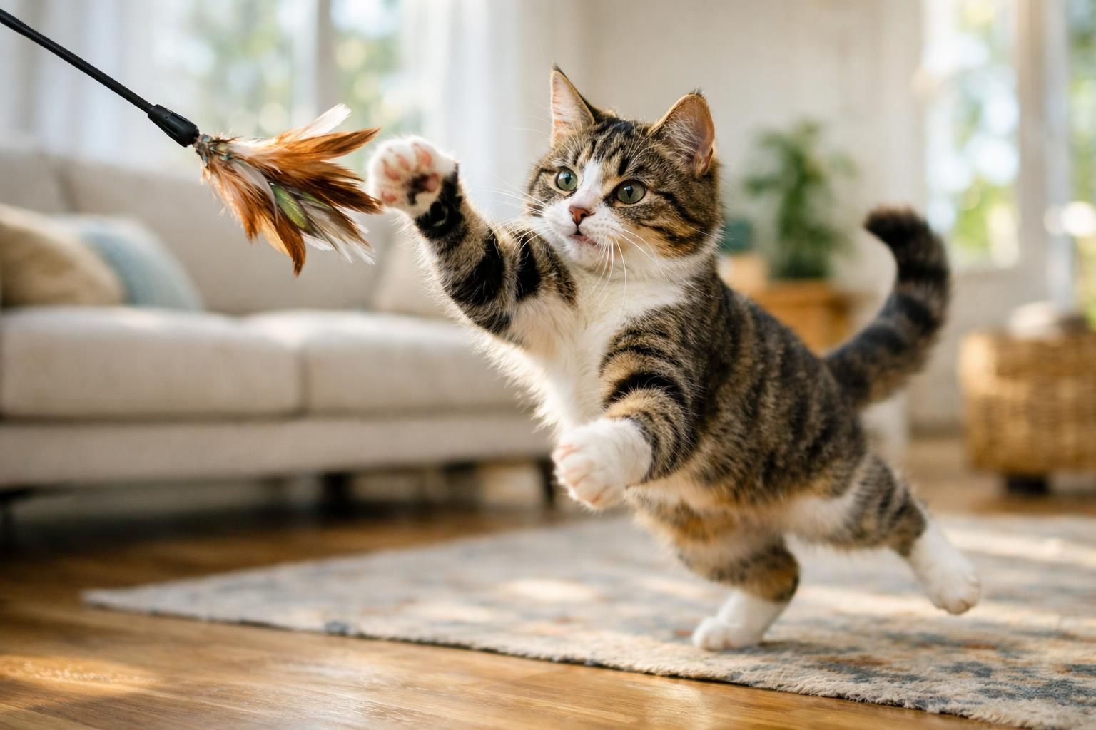 Chat joueur et actif bondissant sur un jouet plumeau