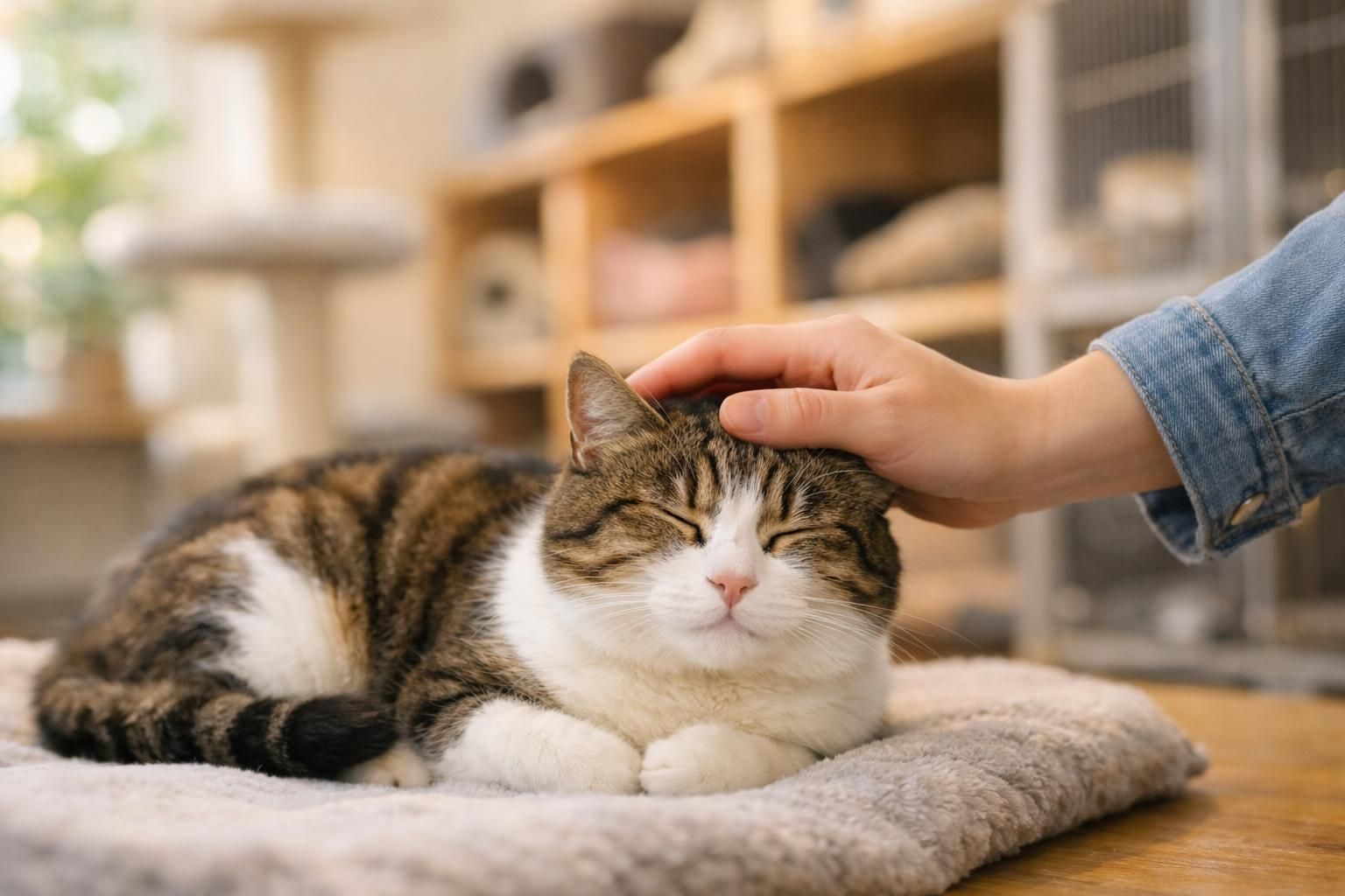 Rencontre et caresse d'un chat en refuge avant l'adoption