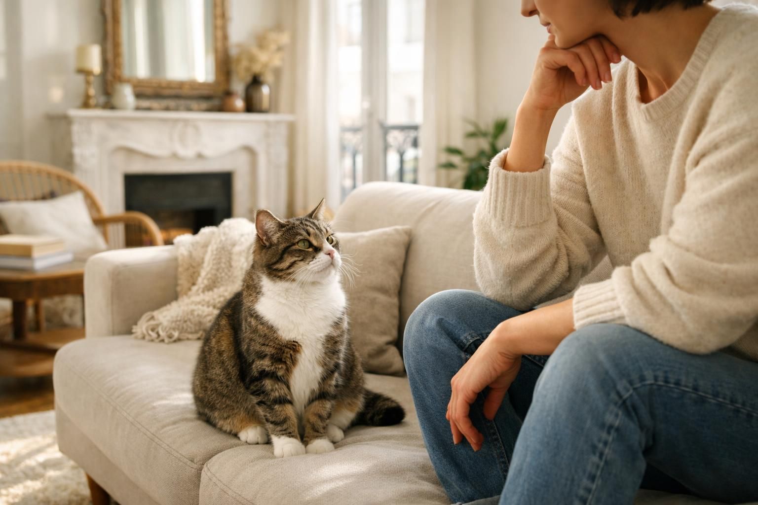 Personne réfléchissant au chat adapté à son mode de vie dans son salon