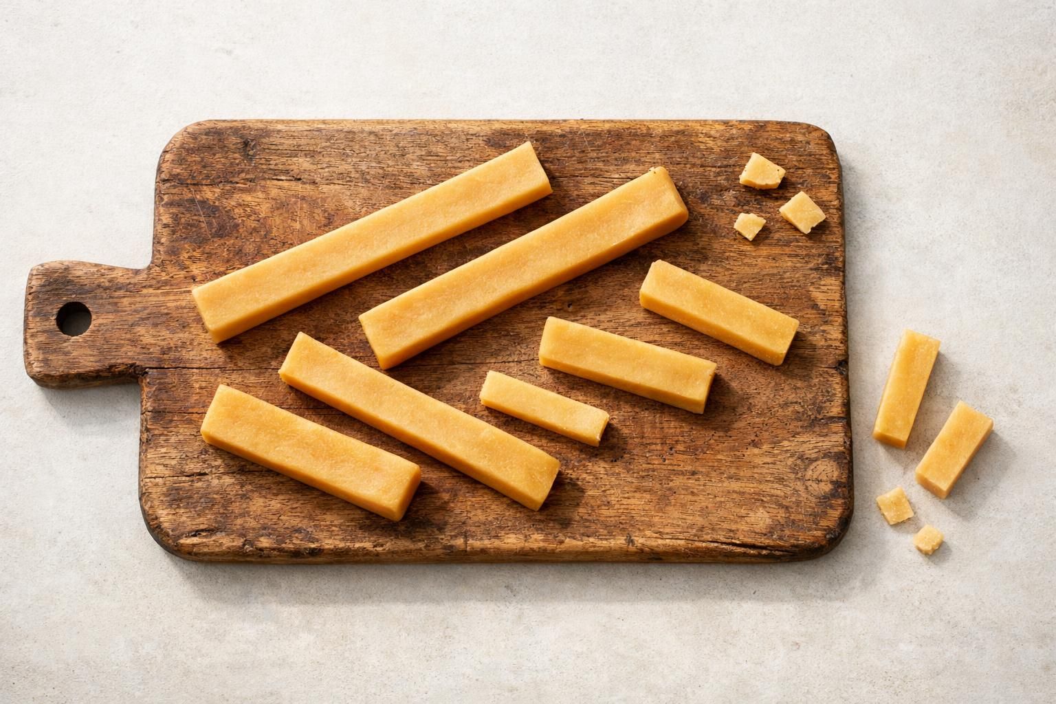 Bâtons de fromage de yak à mâcher de différentes tailles sur une planche