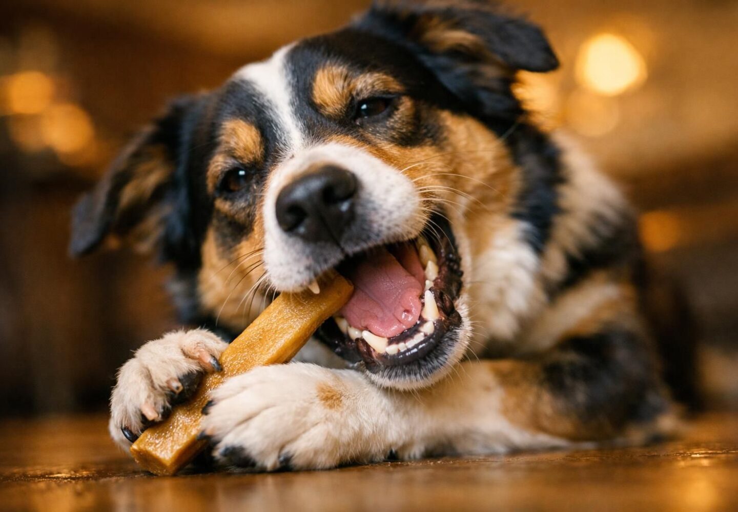 Chien mâchant un bâton de fromage de yak naturel