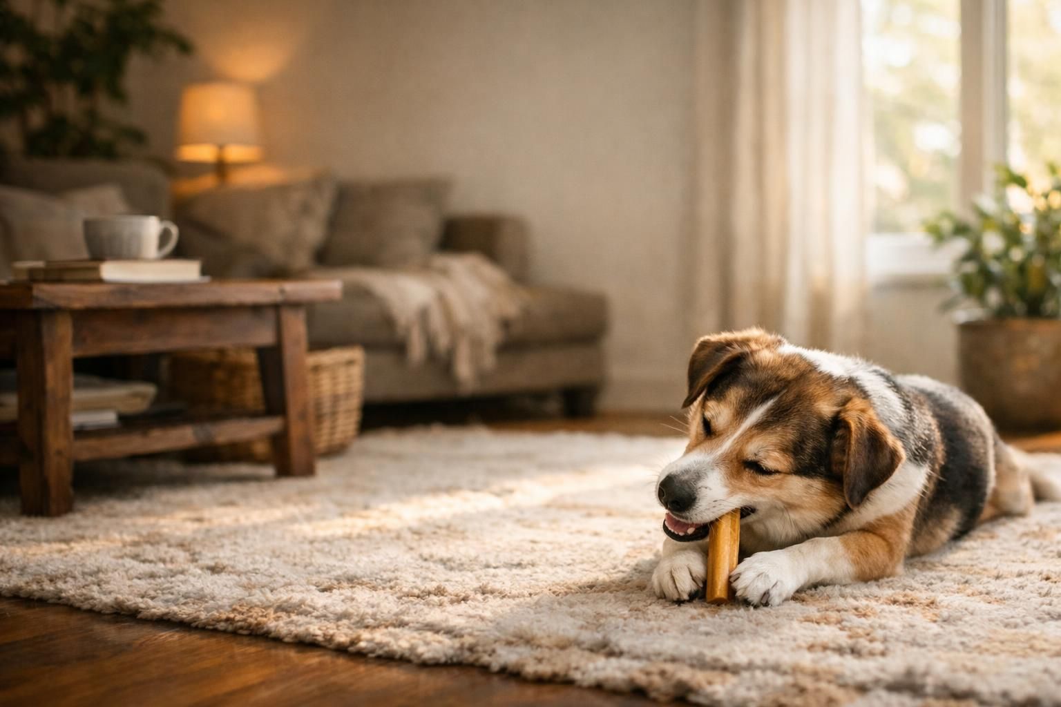 Chien détendu mâchant son fromage de yak sur un tapis
