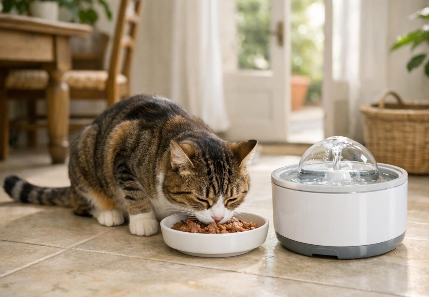 Chat mangeant sa pâtée près d'une fontaine à eau pour bien s'hydrater