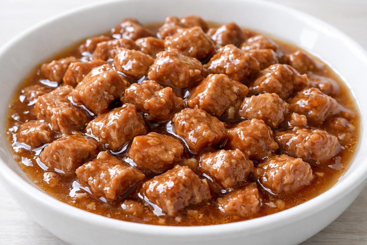 Gros plan de pâtée en morceaux dans une sauce juteuse riche en eau