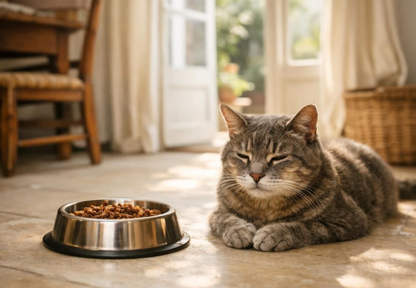 Chat senior paisible au repos près de sa gamelle de pâtée